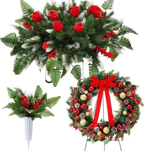 4 قطع من زهور المقبرة الاصطناعية لعيد الميلاد إكليل قبر عيد الميلاد مع سروج زهرة حامل لباقات تذكارية مع مزهرية ديكور خارجي لعيد الميلاد (متعدد الألوان، كلاسيكي) in Kuwait