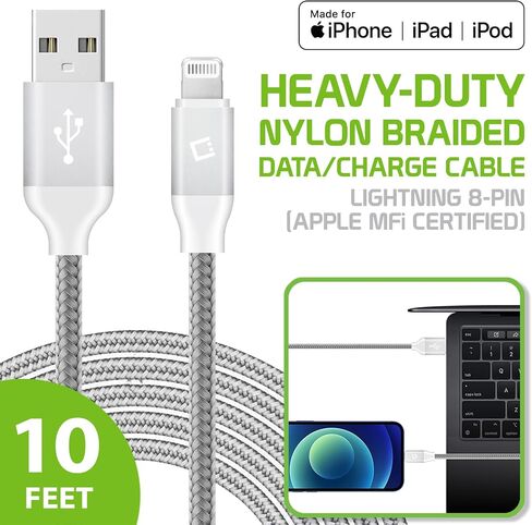 كابل شحن USB Lightning لأجهزة iPhone، كابل مضفر (مصنوع لهاتف iPhone) معتمد من Apple MFI (فضي بطول 10 أقدام) in Saudi Arabia