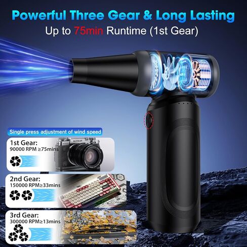 Compressed Air Duster,Electric Air Duster for PC/Keyboard Cleaning Kit,3 Gear Adjustable 300000 RPM Cordless Jet Dry Blower Air Blower for Car,Computer Duster for Cleaning（Ultimate,Black） in Saudi Arabia