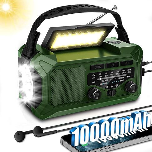 10000mAh Emergency Radio,Multi-Function AM/FM/NOAA Weather Radio,Hand Crank,USB Cable 3 Charging Methods,SOS Alarm,Flashlight,Phone Charger,Compass,Reading Lamp(Dark Green) in Saudi Arabia