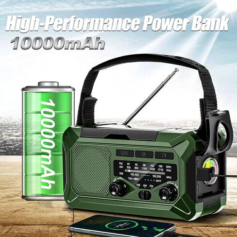 10000mAh Emergency Radio,Multi-Function AM/FM/NOAA Weather Radio,Hand Crank,USB Cable 3 Charging Methods,SOS Alarm,Flashlight,Phone Charger,Compass,Reading Lamp(Dark Green) in Saudi Arabia