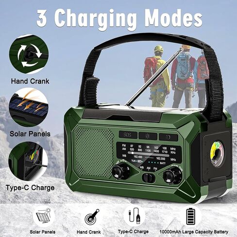 10000mAh Emergency Radio,Multi-Function AM/FM/NOAA Weather Radio,Hand Crank,USB Cable 3 Charging Methods,SOS Alarm,Flashlight,Phone Charger,Compass,Reading Lamp(Dark Green) in Saudi Arabia