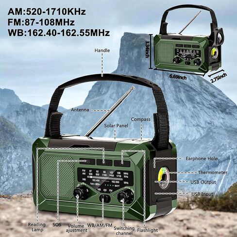 10000mAh Emergency Radio,Multi-Function AM/FM/NOAA Weather Radio,Hand Crank,USB Cable 3 Charging Methods,SOS Alarm,Flashlight,Phone Charger,Compass,Reading Lamp(Dark Green) in Saudi Arabia