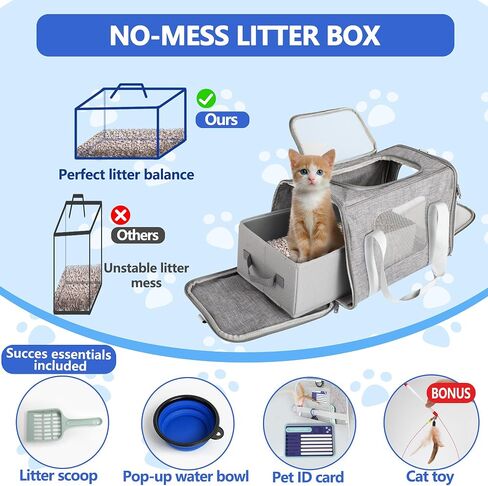 Airline-Approved Cat Carrier with Litter Box L17 xW11 xH12 - Waterproof, Portable, Soft Cat Carrier for up to 20 lbs Cats - Comes with Litter Scoop, Water Bowl, Pet ID Card, and Free Cat Toy in Saudi Arabia
