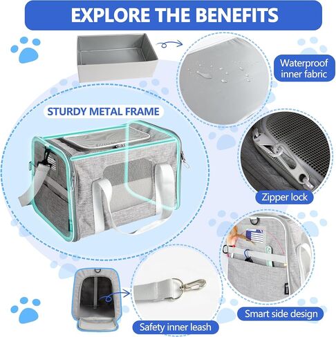 Airline-Approved Cat Carrier with Litter Box L17 xW11 xH12 - Waterproof, Portable, Soft Cat Carrier for up to 20 lbs Cats - Comes with Litter Scoop, Water Bowl, Pet ID Card, and Free Cat Toy in Saudi Arabia
