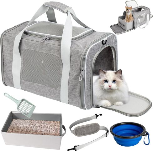 Airline-Approved Cat Carrier with Litter Box L17 xW11 xH12 - Waterproof, Portable, Soft Cat Carrier for up to 20 lbs Cats - Comes with Litter Scoop, Water Bowl, Pet ID Card, and Free Cat Toy in Saudi Arabia