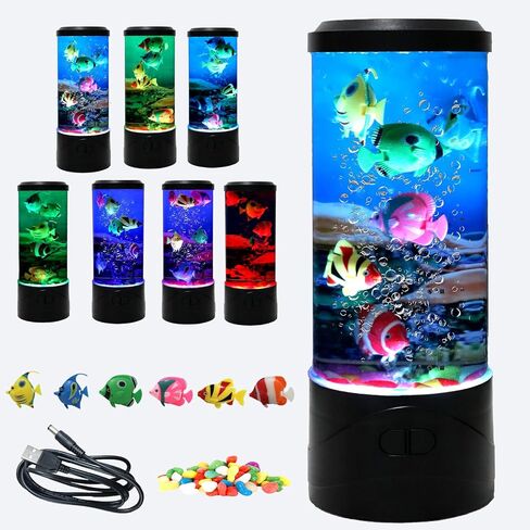 YPCOO Mini Bubble Fish Lamp,Fake Fish Tank Aquarium Lamp,Multi-Color Changing Aquarium Light with 3 Artificial Fish Night Lights-for Home Office Living Room Decor Gifts for Kids Adults (with 6 fishs) in Saudi Arabia