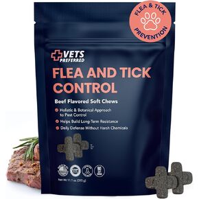 Vets Preferred Flea and Tick Prevention for Dogs Chewable - Daily Defense Without Harsh Chemicals - Immune Support & Antioxidant Protection - Beef Flavored - 90 Soft Chews