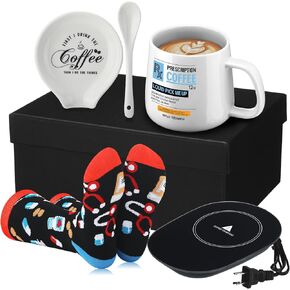 Sliner 5 Pcs Coffee Lovers Pharmacist Gift Includes Prescription Coffee Mug, Spoon, Coffee Themed Tray, Coffee Socks and Coffee Heating Pad Christmas Gift for Male and Female Pharmacist Coffee Lovers