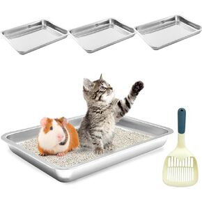 BNOSDM 4 Pcs Stainless Steel Litter Pan Low Entry Cat Litter Box Shallow Metal Litter Tray, Nonstick Open Top Cat Box for Kitten, Rabbits and Small Animals (14.2x10.6x1.9 Inch)
