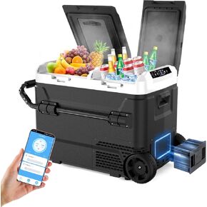 12V Car Refrigerator, Dual Zone Dual Door, 53 Quart (50L) with 173Wh Detachable Battery, Portable Freezer for Truck,RV, Camper, SUV, Boat, Travel,Electric Cooler for Camping