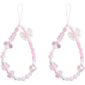 Phone Charm 2PCS Mobile Phone Straps Pink Resin Bow Acrylic Beaded Decor Lanyard Short Rope Trend Creative Mobile Phone Chain Women Charms Accessories