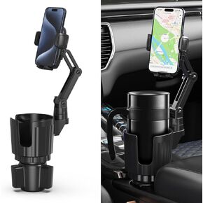 Cup Holder Phone Mount, 2 in 1 Universal Cup Holder Expander Adjustable Base with Phone Mount, Long Arm with 360°Rotation Cup Holder Phone Holder for Car Compatible with All Smartphones