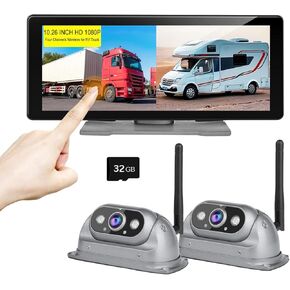 HD RV Vehicle Backup Cameras Wireless with 10.26" Monitor for Car Truck Trailer Bus Camper Motorhome System Recording Wide View Two Rear View Camera Clear Infrared Night Vision Support 4 Split Screen