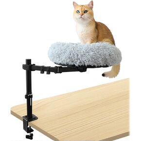 HengLiSam 16'' Desk Cat Bed for Clamping Table Tops Up to 8cm Thick, 40cm Height Increase, Cat Nest with Rotatable Elevated, Cozy Soft Plush Pet Cushion Machine-Washable