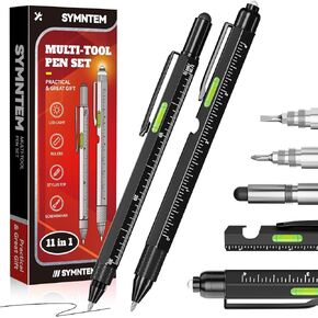 11 in 1 LED Multitool 2Pc Pen Set，Stylus, Level, Screwdriver, Flathead, Birthday Gifts for Men, Him, Husband, Father, Black