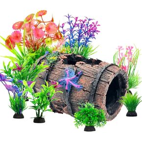 CousDUoBe Fish Broken Barrel Decor Fish Tank Decorations Betta Fish Tank Accessories,Starfish Barrel x 1pc, Fish Tank Plants x 8pcs