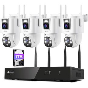 Kittyhok Dual Lens Wireless Security Camera System, 4pcs 2K Outdoor Camera with 2.4/5GHz WiFi, Pan & Tilt, Auto Tracking, Human Detection, Color Night Vision, 16CH Wi-Fi 6 NVR with 1TB HDD, KWDP164
