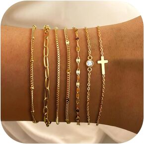 Sanfenly 7 PCS Gold Bracelets for Women Waterproof –14K Gold Plated Dainty Stackable Cuff Chain Bracelets Set –Trendy Adjustable Thin Link Jewelry（Gold/Silver）