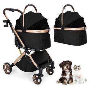 3 in 1 Multifunctional Pet Stroller with Detachable Travel Carrier,Zip Large Space Aluminum Dog Stroller for Small/Medium Dog/Cats up to 55 LBS,One-Touch Foldable Cat Strollers for 2 Cats (Black)