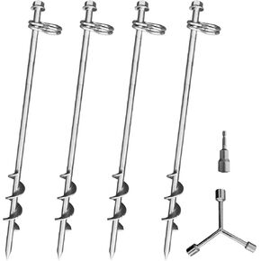 Ground Anchors Screw in - 16 Inch Set of 6 - Tent Stakes Heavy Duty Double Arbitrary Direction Galvanized Kits for Swing and Trampoline Set High Wind Solid Metal Hex Head Dog Tie Out Stake (6)