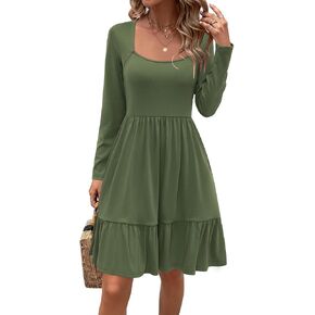 Newshows Womens 2024 Summer Dress Short Sleeve Square Neck Dresses Casual Beach Vacation A-Line Ruffle Sundress with Pockets in Kuwait