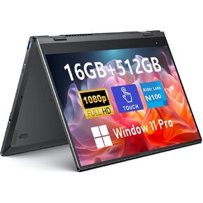 Touchscreen Laptop Computer, 14 Inch 2 in 1 Gaming Laptop, Intel N100, 16GB RAM 512GB SSD, 1920 x 1080, Fingerprint Unlock, Backlit Keyboard, Wi-Fi 6, BT5.2, Windows 11 Pro