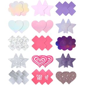 CICKEE Pasties Nipple Covers Pack 15 Pairs, Pasties Bra for Women Nipple Cover Stickers Covering Breast Petal Sticky Boob No Back Bra Pasties Rave - Silver Pink and Purple in Kuwait