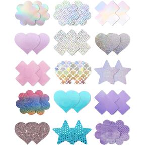 CICKEE Pasties Nipple Covers Pack 15 Pairs, Pasties Bra for Women Nipple Cover Stickers Covering Breast Petal Sticky Boob No Back Bra Pasties Rave - Silver Pink and Purple in Kuwait