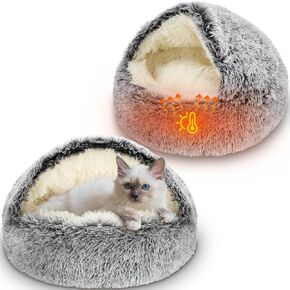 2 PCS Self Warming Cat Beds Covered Round Kitten Bed Cave Fluffy Dog Heating Pad Plush Hooded Self Heating Pet Beds with Non-Slip Bottom for Indoor Cat or Small Middle Dog (Dark Grey,20 in)