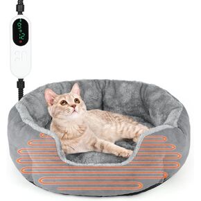 Heated Cat Bed Indoor, 18.5" Soft Heated Pet Bed for Indoor Cats with Timer and Temp Adjustable, Warming Cat Bed Heating Pad for Indoor Cats Kitten Old Cat Senior Cat