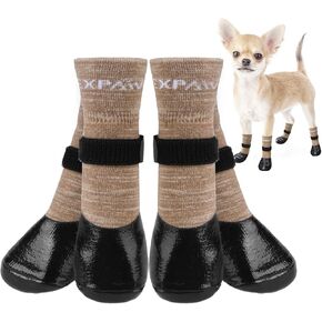 EXPAWLORER Anti-Slip Dog Socks Boots - Waterproof Dog Shoes for Winter Outdoor Cold Pavement, Snow Rain Days, Paw Protectors Booties for Hardwood Floors Prevent Licking Puppy Senior Dog,Khaki S
