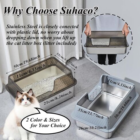Suhaco Stainless Steel Litter Box with Lid Kitty Black Litter Mat and White Scoop Included Covered Metal High Sided Removable Large Cat Litter Box Enclosure for Medium Cats (Black) in Saudi Arabia