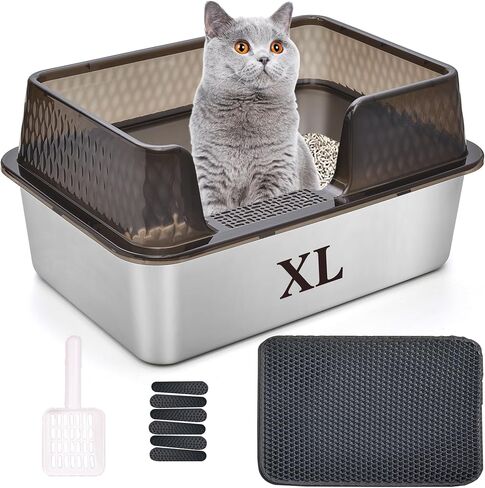 Suhaco Stainless Steel Litter Box with Lid Kitty Black Litter Mat and White Scoop Included Covered Metal High Sided Removable Large Cat Litter Box Enclosure for Medium Cats (Black) in Saudi Arabia