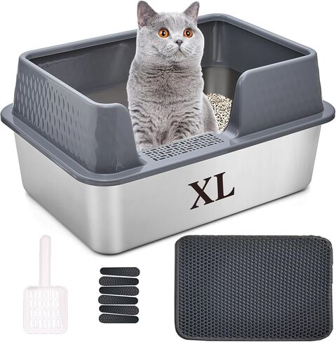 Suhaco Stainless Steel Litter Box with Lid Kitty Black Litter Mat and White Scoop Included Covered Metal High Sided Removable Large Cat Litter Box Enclosure for Medium Cats (Black) in Saudi Arabia