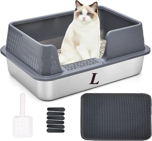 Suhaco Stainless Steel Litter Box with Lid Kitty Black Litter Mat and White Scoop Included Covered Metal High Sided Removable Large Cat Litter Box Enclosure for Medium Cats (Black) in Saudi Arabia