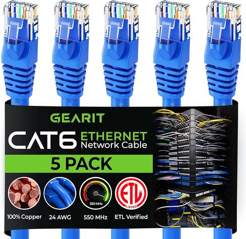 GearIT RJ45 Cat 6 Ethernet Patch Cable (5-Pack) for TV, Modem, PC Gaming, 10Gbps, Gold-Plated Connectors, Snagless, Network Cable, Internet Cable, 14 Feet, Black in Saudi Arabia