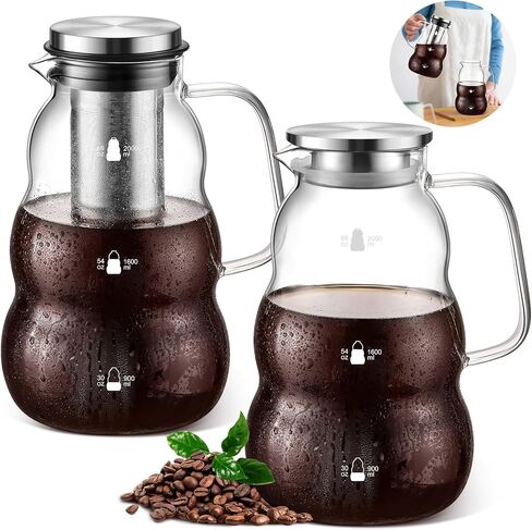 2 Pack Cold Brew Coffee Maker, 64 oz Wide Mouth Iced Coffee Maker with Stainless Steel Lid, Pour Handle Spout Lid, Heavy Duty Glass Airtight and Leak-proof Pitcher for Iced Coffee Tea Lemonade in Kuwait