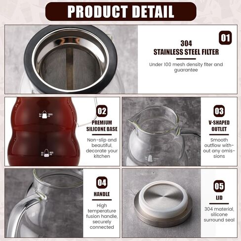 2 Pack Cold Brew Coffee Maker, 64 oz Wide Mouth Iced Coffee Maker with Stainless Steel Lid, Pour Handle Spout Lid, Heavy Duty Glass Airtight and Leak-proof Pitcher for Iced Coffee Tea Lemonade in Kuwait