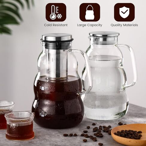 2 Pack Cold Brew Coffee Maker, 64 oz Wide Mouth Iced Coffee Maker with Stainless Steel Lid, Pour Handle Spout Lid, Heavy Duty Glass Airtight and Leak-proof Pitcher for Iced Coffee Tea Lemonade in Kuwait