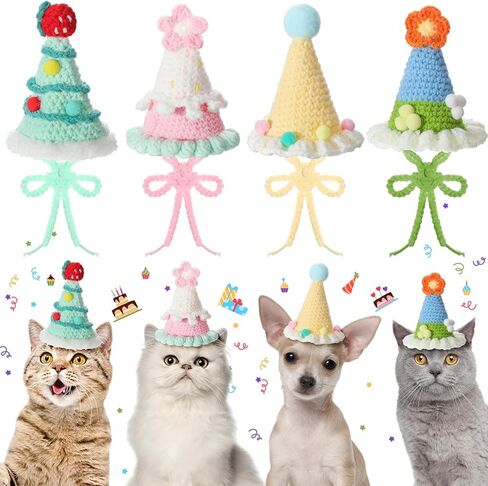 Sanwuta 4 Pcs Christmas Knit Cat Hat Dog Hat Pet Cute Birthday Hat Puppy Party Hats Birthday Party Costume Headwear Accessories for Puppy Cat Kitten Small Dogs Small Animal(Stylish Color) in Saudi Arabia