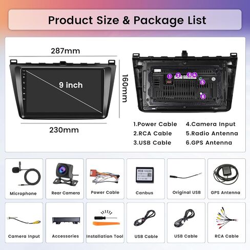 Hikity 2+64G for Mazda 6 2007-2012 Android Car Stereo مع Carplay Android Auto 9 بوصة تعمل باللمس راديو GPS ملاحة WiFi SWC RCA HiFi كاميرا احتياطية ميكروفون in Saudi Arabia