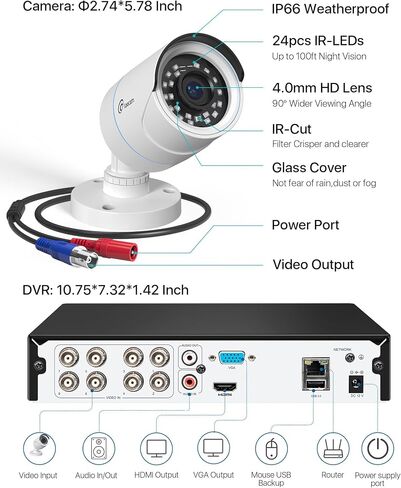 Security Camera System, 1080p H.265+ DVR with 1TB HDD, AI Human Vehicle Detection Wired Surveillance Camera, Home Security System for Indoor Outdoor, IP66 Video Surveillance Camera APP Remote in Saudi Arabia