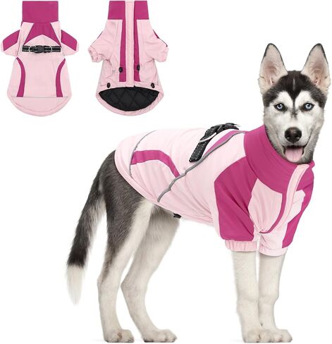 Dog Coat, Windproof Winter Jacket with Harness, Stylish Turtleneck Dog Puffer Coat, Reflective Straps, Hook and Loop Closure for Small Medium Large Dogs CFY03M in Saudi Arabia