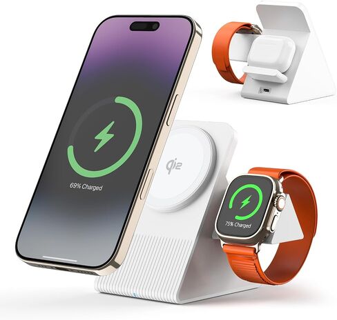 3 in 1 Wierless Charging Station, Qi2 Certified 15W Ultra-Fast Compatible for 3 in 1 Magsafe Apple Devices with PD30W Adapter for iPhone 12-16 Series Apple Watch EarPods (White) in Saudi Arabia