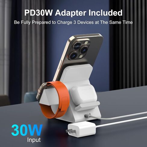 3 in 1 Wierless Charging Station, Qi2 Certified 15W Ultra-Fast Compatible for 3 in 1 Magsafe Apple Devices with PD30W Adapter for iPhone 12-16 Series Apple Watch EarPods (White) in Saudi Arabia