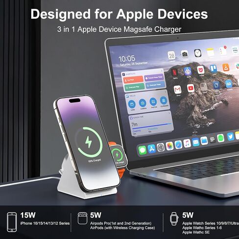 3 in 1 Wierless Charging Station, Qi2 Certified 15W Ultra-Fast Compatible for 3 in 1 Magsafe Apple Devices with PD30W Adapter for iPhone 12-16 Series Apple Watch EarPods (White) in Saudi Arabia
