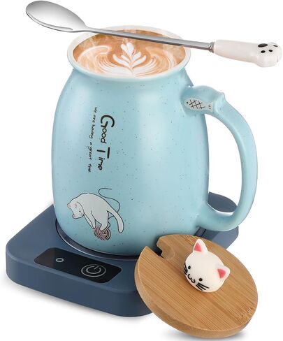 Coffee Cup Warmer with Cat Mug for Women Ceramic Cat Mug Electric Coffee Mug Heater Cute Cat Smart Tea Beverage Cup Warmer for Cat Lovers Christmas New Year Birthday Gift (Blue) in Kuwait