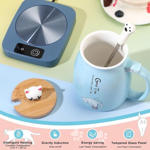 Coffee Cup Warmer with Cat Mug for Women Ceramic Cat Mug Electric Coffee Mug Heater Cute Cat Smart Tea Beverage Cup Warmer for Cat Lovers Christmas New Year Birthday Gift (Blue) in Kuwait
