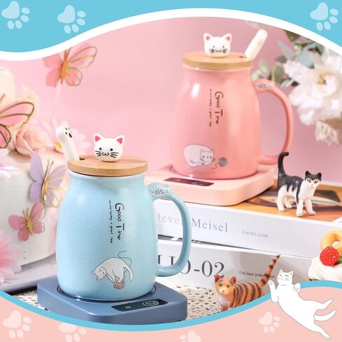 Coffee Cup Warmer with Cat Mug for Women Ceramic Cat Mug Electric Coffee Mug Heater Cute Cat Smart Tea Beverage Cup Warmer for Cat Lovers Christmas New Year Birthday Gift (Blue) in Kuwait